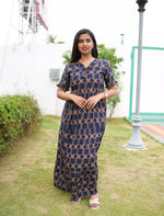 Casual Navy Blue Printed Long Frock with Bow Neck front View - Mangai Nighties 
