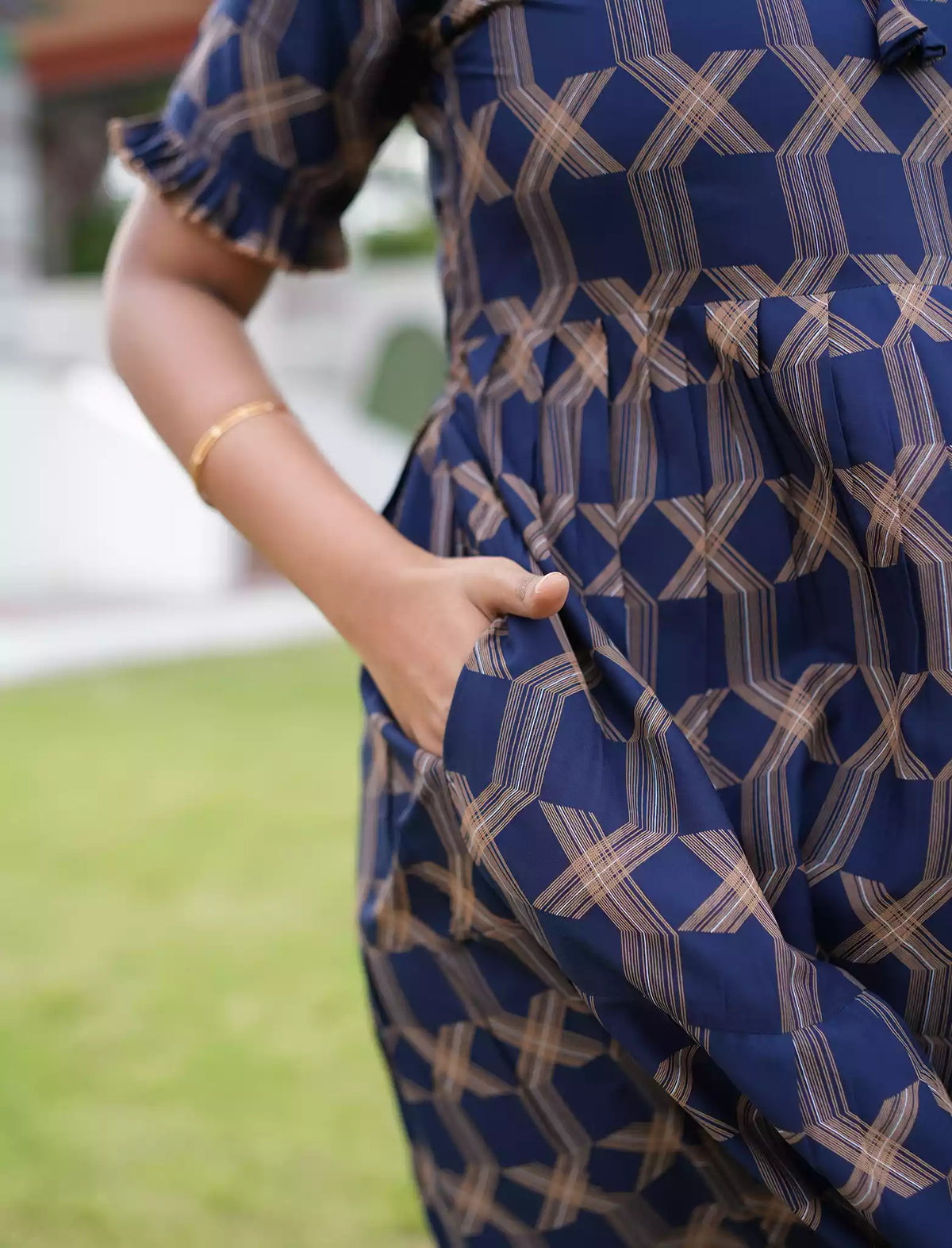 Navy Blue Printed Rayon Maxi Frock with Side Pocket - Mangai Nighties 