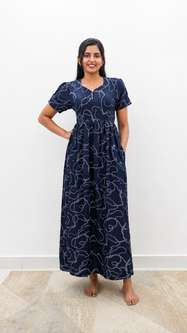 Rayon Abstract Print Long Frock with Pleated Sleeve  | Mangai Nighties