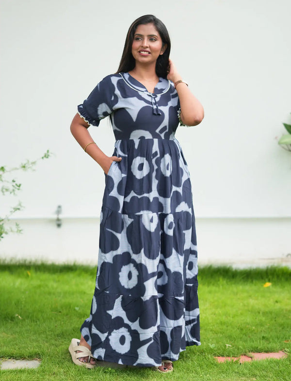 Rayon Fancy Full Flared Frock with Layer Finished Neck bow tie - Mangai Nighties 