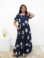 Casual Navy Printed Long Frock with Butterfly Neck Side View - Mangai Nighties 