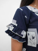 Navy abstract rayon dress double Layer Filled ruffle sleeves - Mangai Nighties 