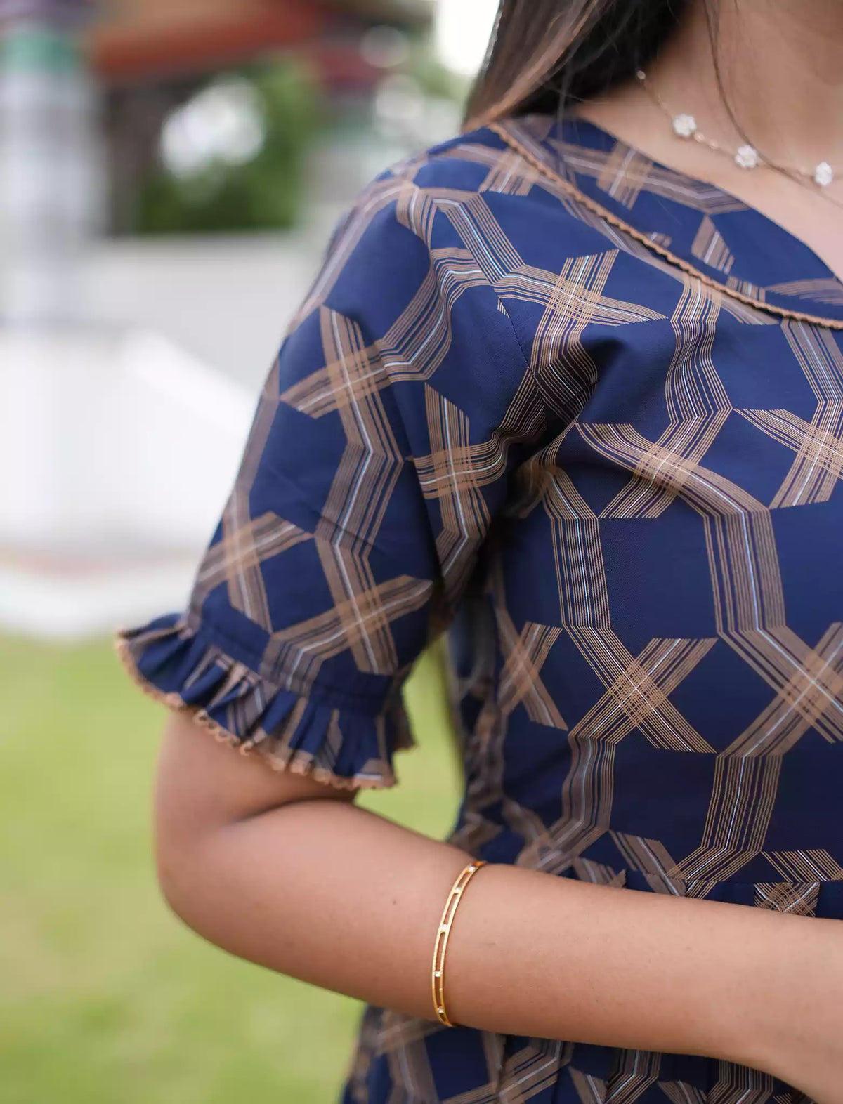 Navy Blue Rayon Layered Long Frock with Frilled Sleeves - Mangai Nighties 