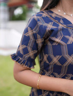 Navy Blue Rayon Layered Long Frock with Frilled Sleeves - Mangai Nighties 