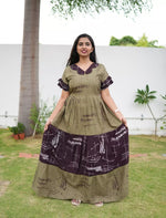 Olive Green Rayon Long Frock Butterfly Neck & Tie Rope for Women - Mangai Nighties 