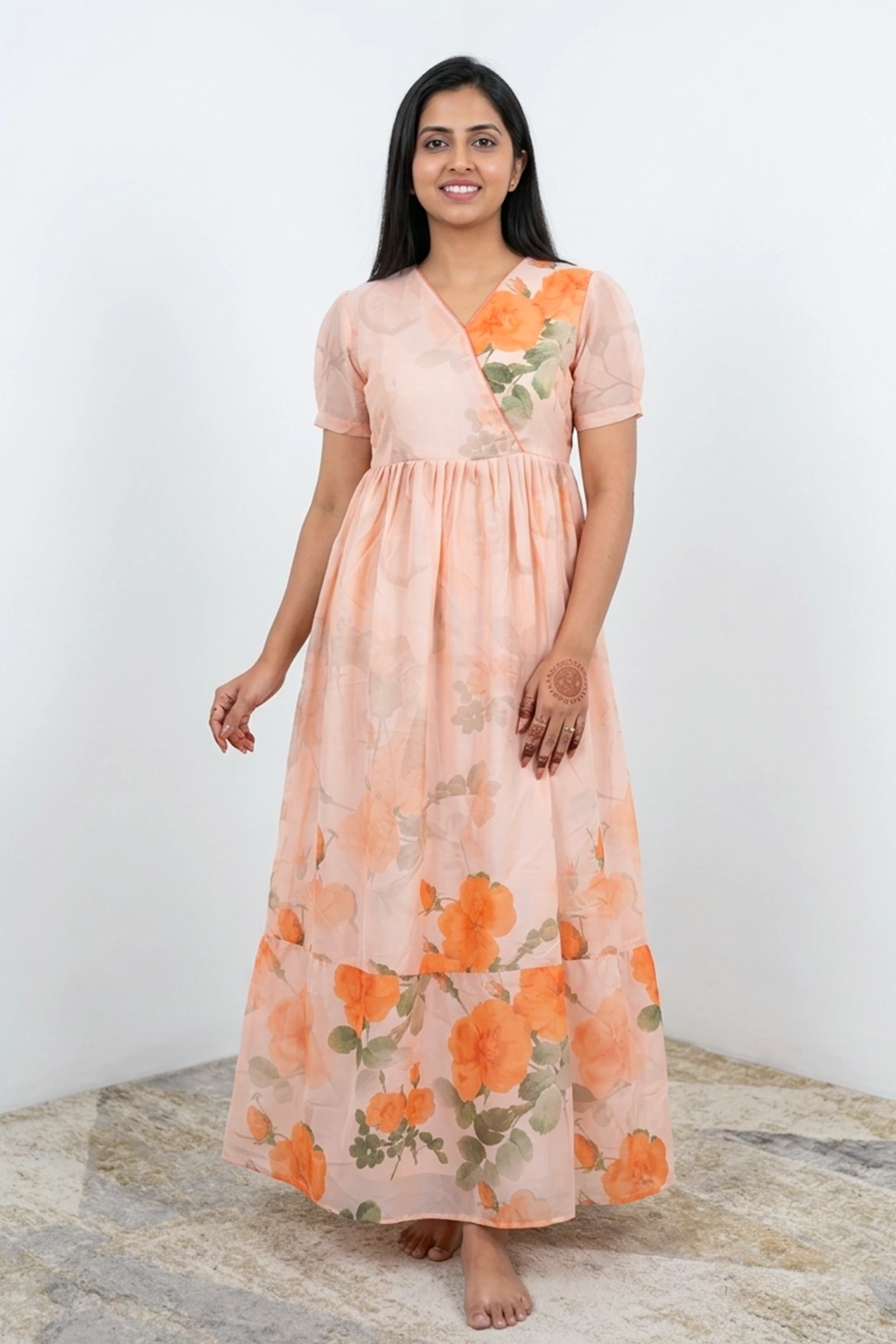 Sky Blue Rayon Long Frock with V Piping Neck, Pocket & Back Tie – Mangai Nighties