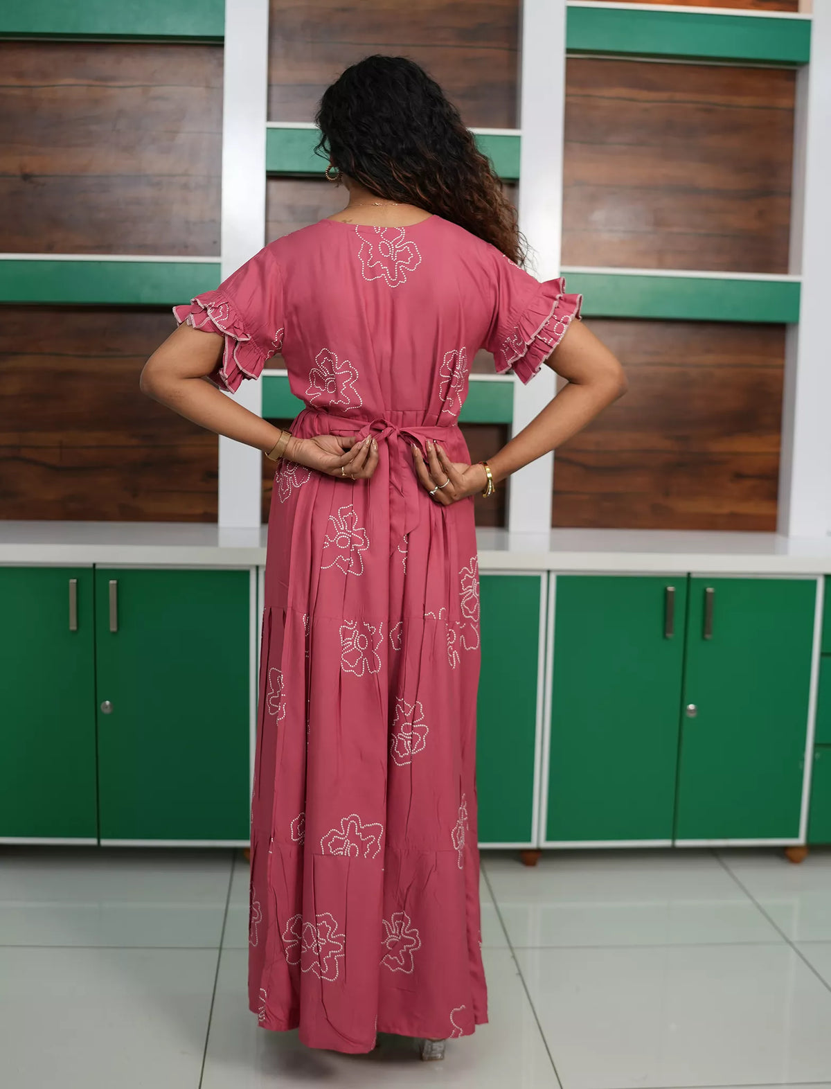 Rose Pink Rayon Maxi Frock Back Tie Rope Side Pocket - Mangai Nighties 