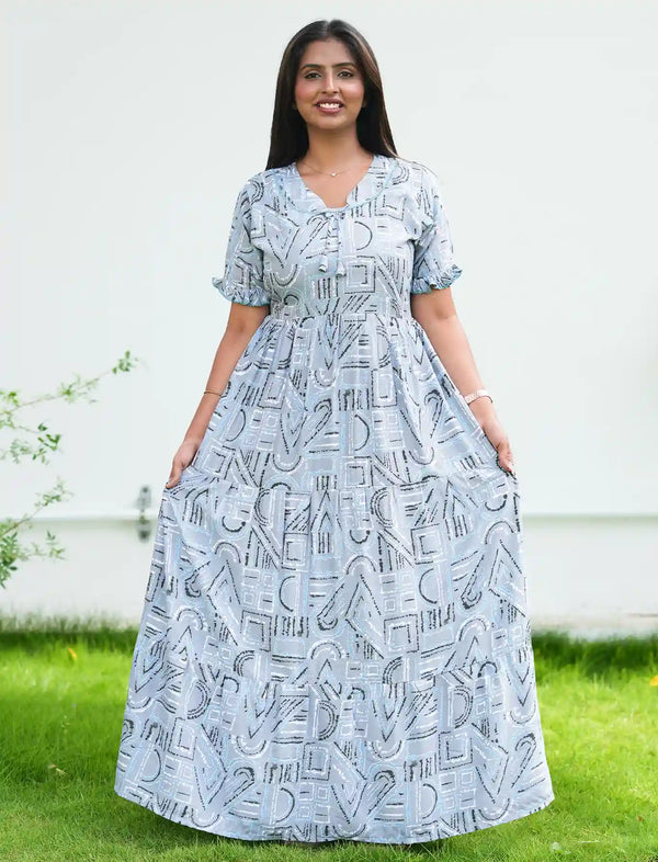 Sliver Grey Rayon Maxi Frock with Fancy Bow Neck & Back Tie - Mangai Nighties 