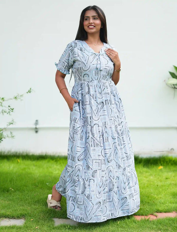 Rayon Full Flare Maxi Dress with Frill Sleeves Side view - Mangai Nighties  
