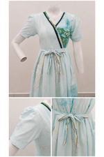 Ivory Floral Rayon Long Frock with V Lace Neck & Side Pocket – Mangai Nighties