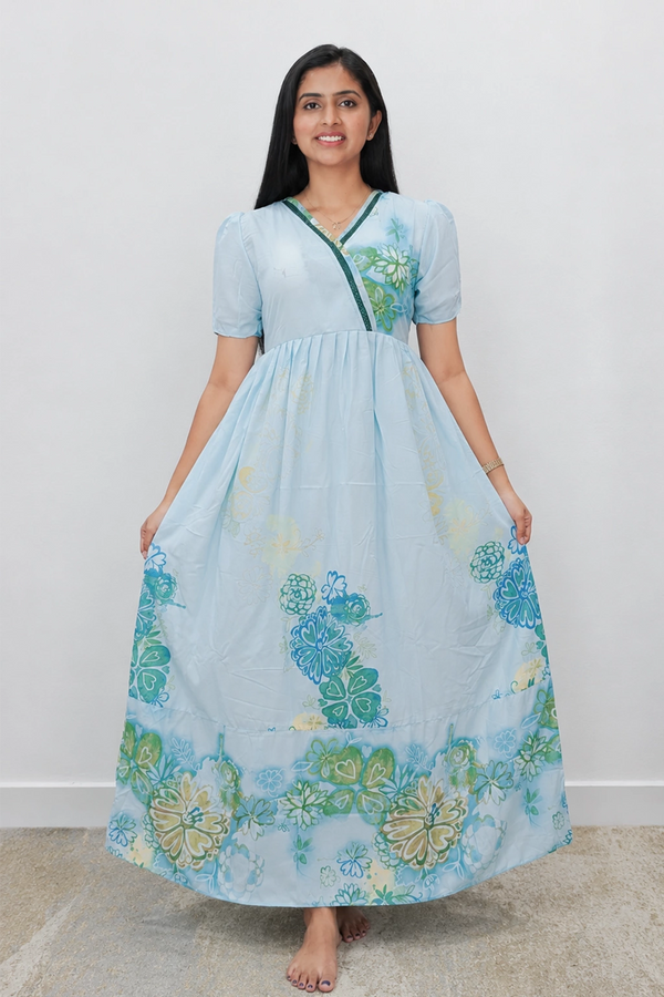 Ivory Floral Rayon Long Frock with V Lace Neck & Side Pocket – Mangai Nighties