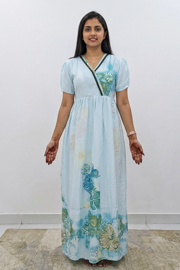 Ivory Floral Rayon Long Frock with V Lace Neck & Side Pocket – Mangai Nighties