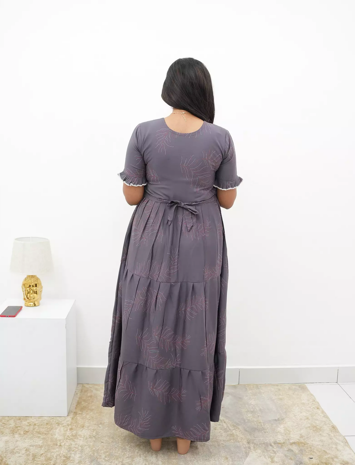 Slate Grey Rayon Maxi Frock Back Tie Rope Side Pocket - Mangai Nighties 