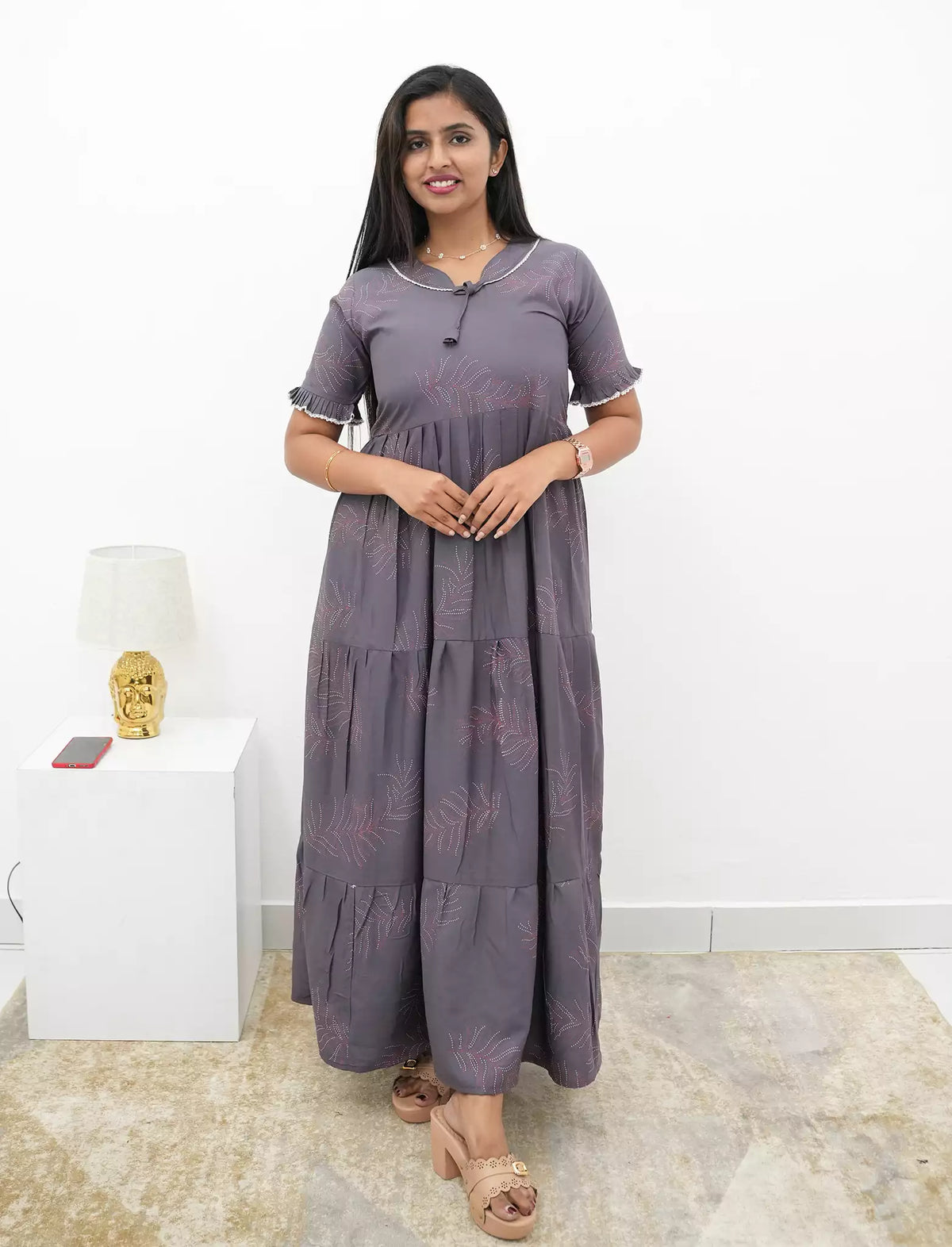Casual Maroon Printed Long Frock with Bow Neck Front View - Mangai Nighties 