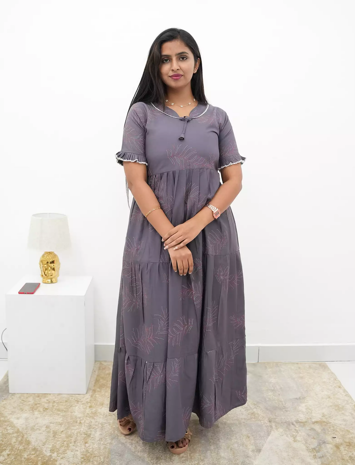 Slate Grey Rayon Long Frock Bow Neck & Tie Rope for Women - Mangai Nighties 