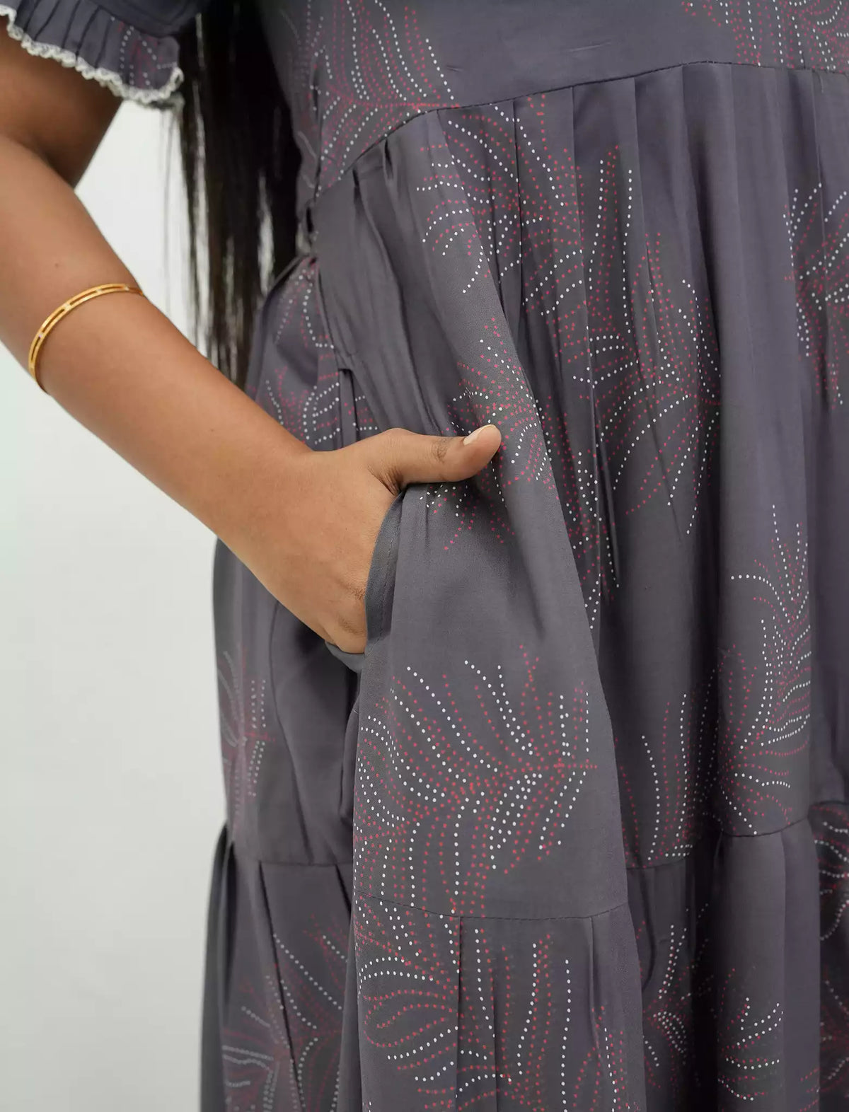 Slate Grey Printed Rayon Maxi Frock with Side Pocket - Mangai Nighties 