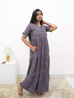 Casual Slate Grey Printed Long Frock with Bow Neck Side View - Mangai Nighties 