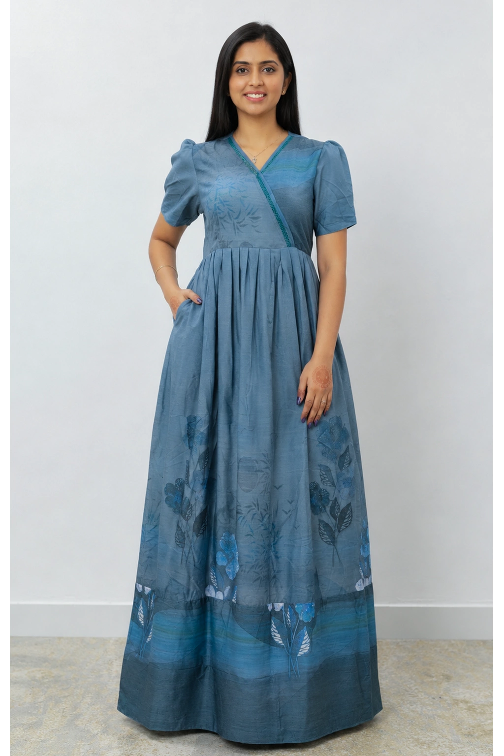 Rayon Floral Print Long Frock with Lace Neck | Mangai Nighties