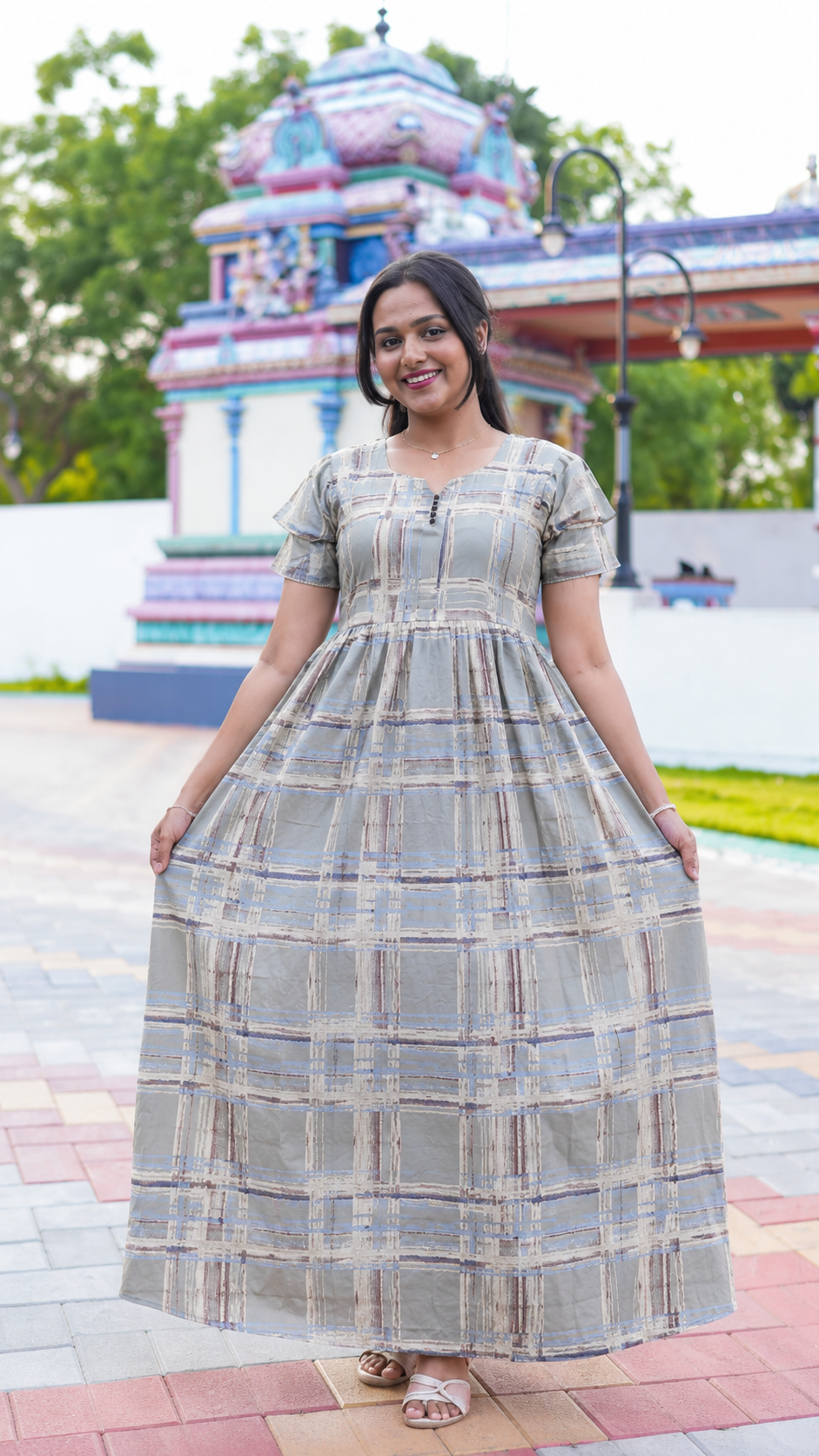 Rayon Check Print Long Frock with Side Pocket| Mangai Nighties