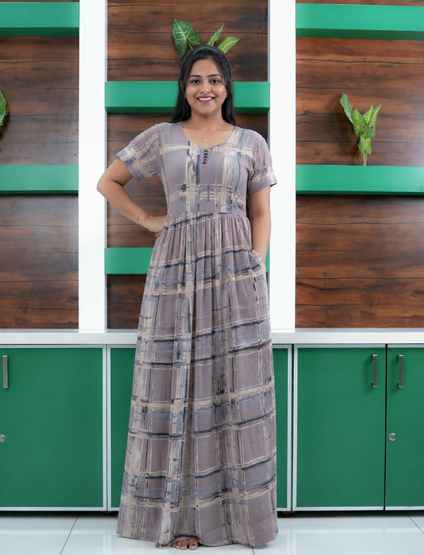 Rayon Check Print Long Frock with Side Pocket  | Mangai Nighties