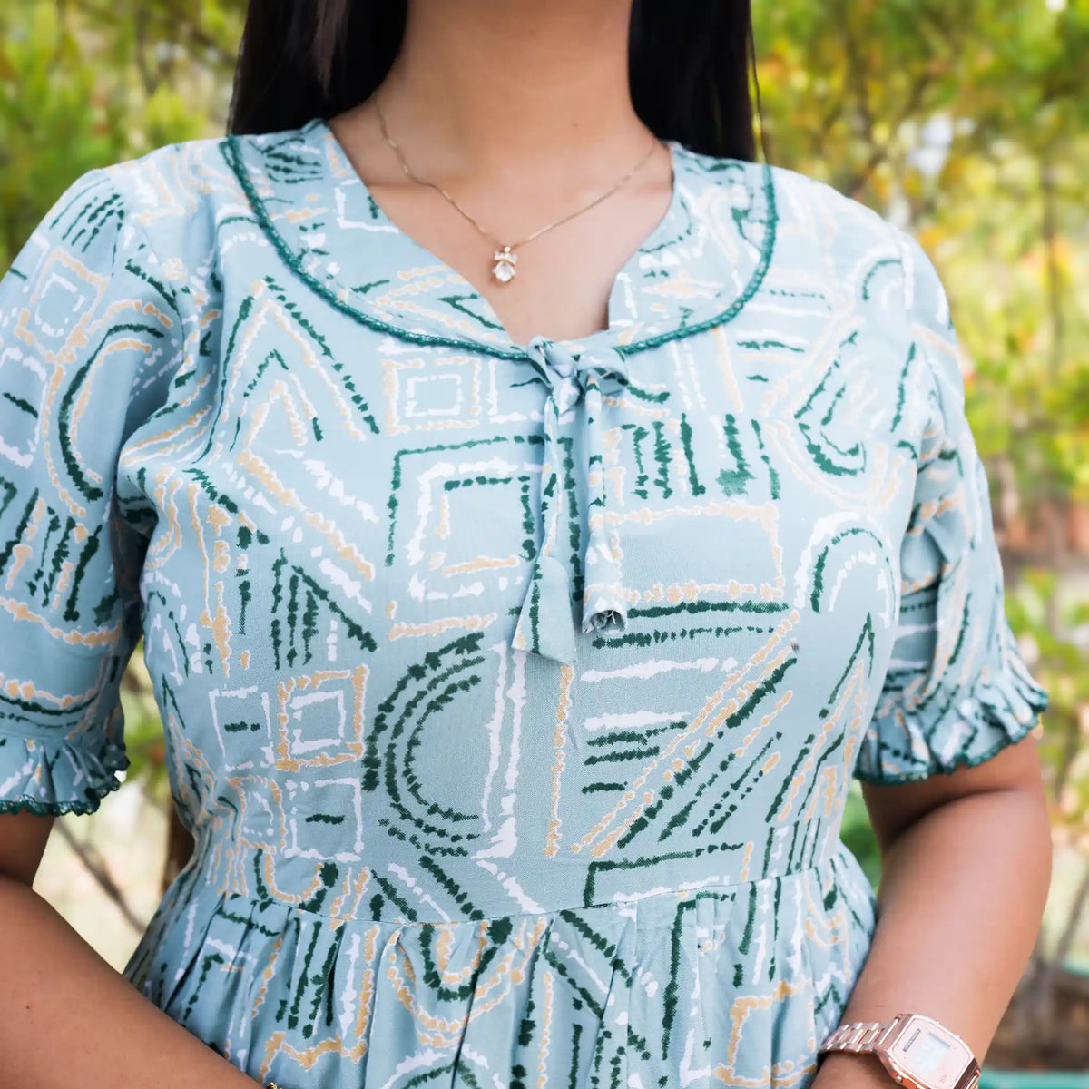 Teal Green fancy neckline with bow tie - Mangai Nighties 