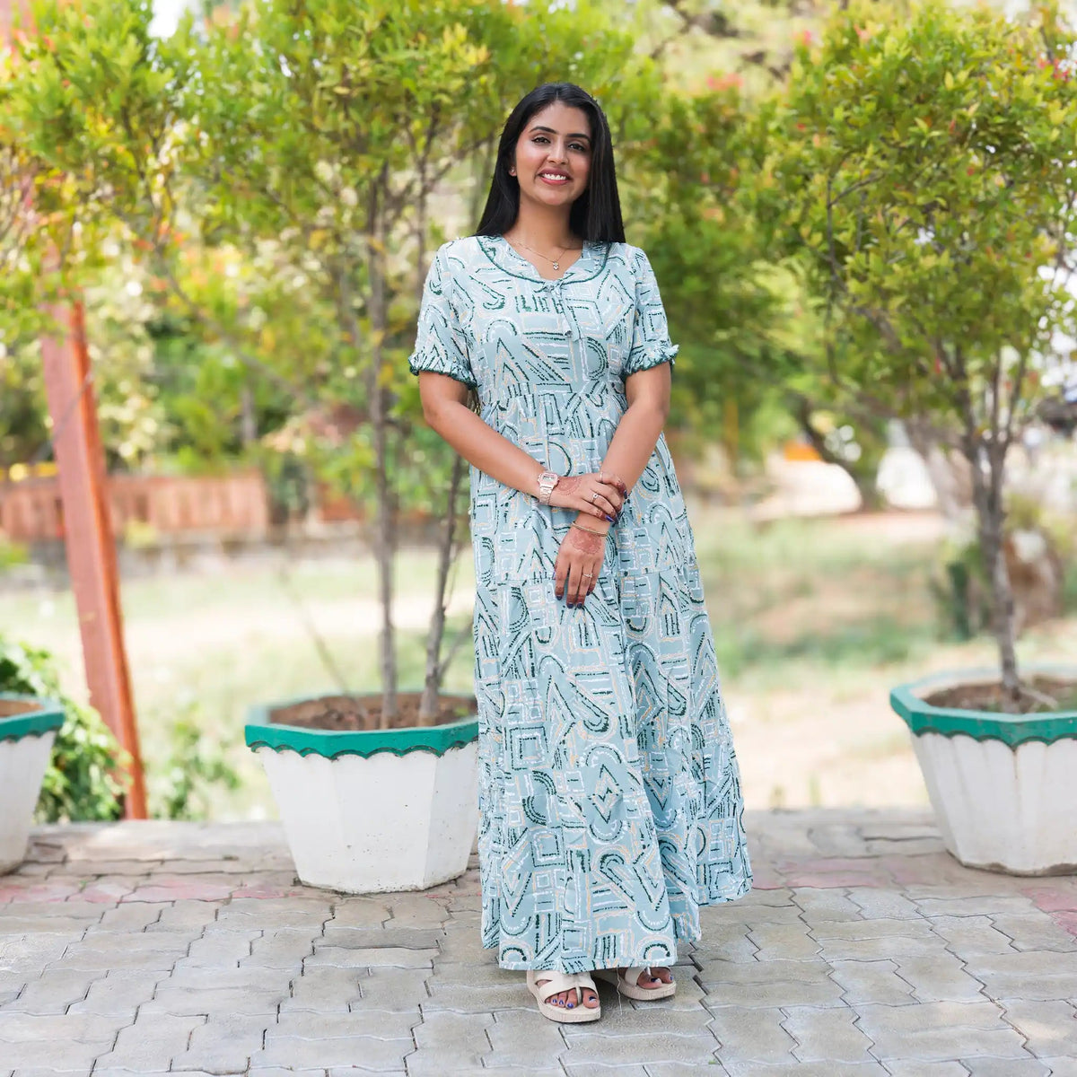 Teal Green Long Flared Frock - Mangai Nighties 