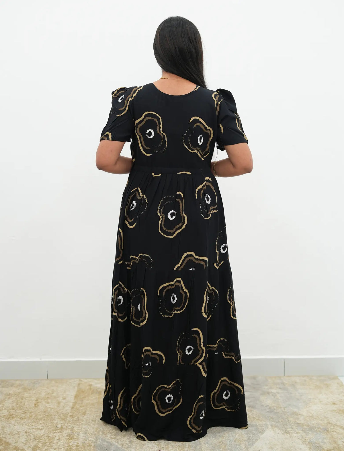 Black Rayon Abstract Print Gathering Long Frock with Front Tie Rope - Mangai Nighties