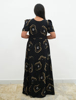 Black Rayon Abstract Print Gathering Long Frock with Front Tie Rope - Mangai Nighties