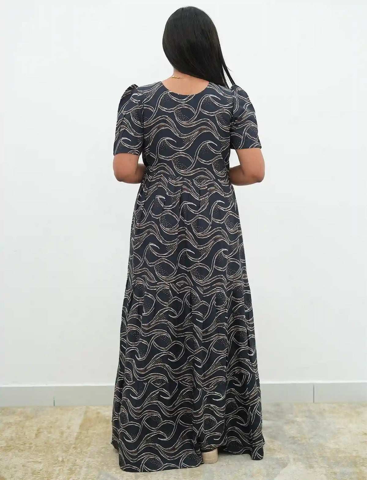 Black Rayon Wave Print Gathering Frock Nighty with Puff Sleeve - Mangai Nighties