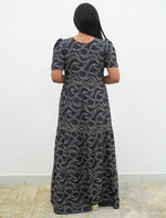 Black Rayon Wave Print Gathering Frock Nighty with Puff Sleeve - Mangai Nighties