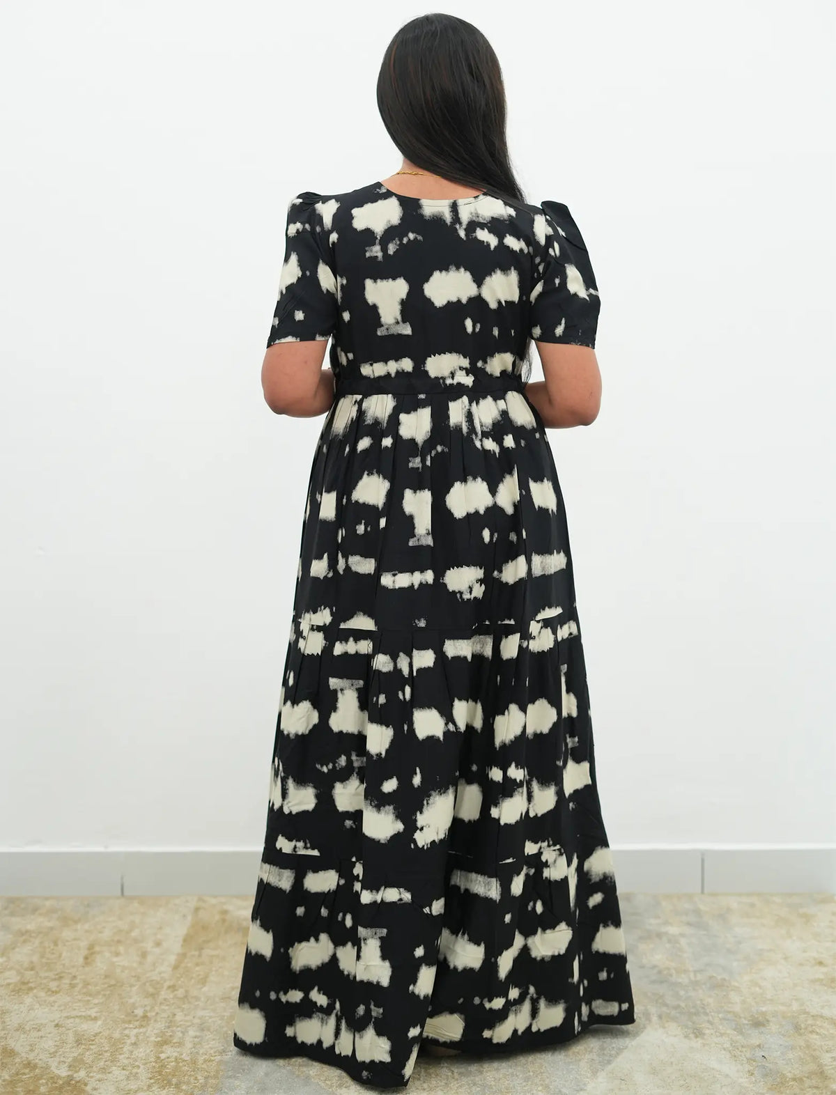 Chocolate Brown Rayon Abstract Print Gathering Frock Nighty Puff Sleeve - Mangai Nighties