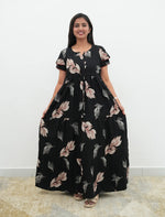 Black Rayon Leaf Print Gathering Full Frock with Front Adjustable Rope - Mangai Nighties