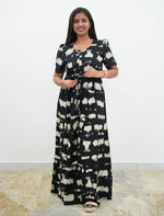Chocolate Brown Rayon Abstract Print Gathering Frock Nighty Puff Sleeve - Mangai Nighties