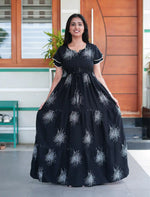 Navy Blue Rayon Sunburst Print Gathering Frock Nighty with Front Tie - Mangai Nighties