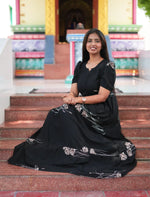 Navy Rayon Botanical Print Gathering Frock Night Gown with Front Tie - Mangai Nighties