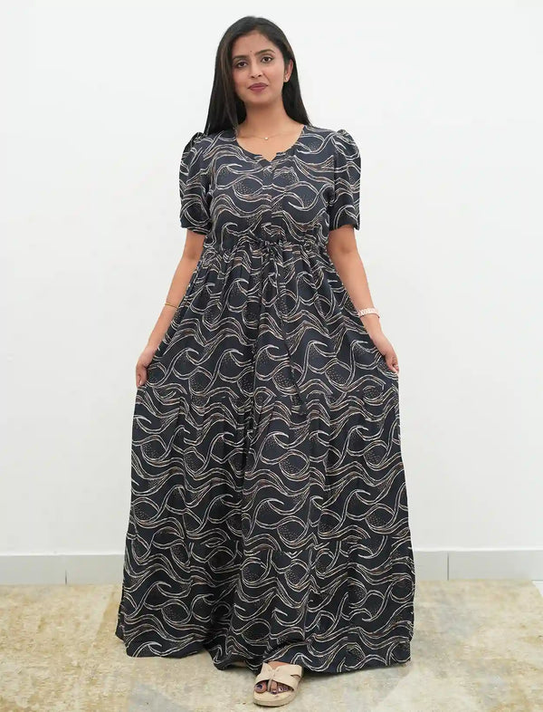 Women's Black Rayon Wave Print Long Dress - Mangai Nighties 