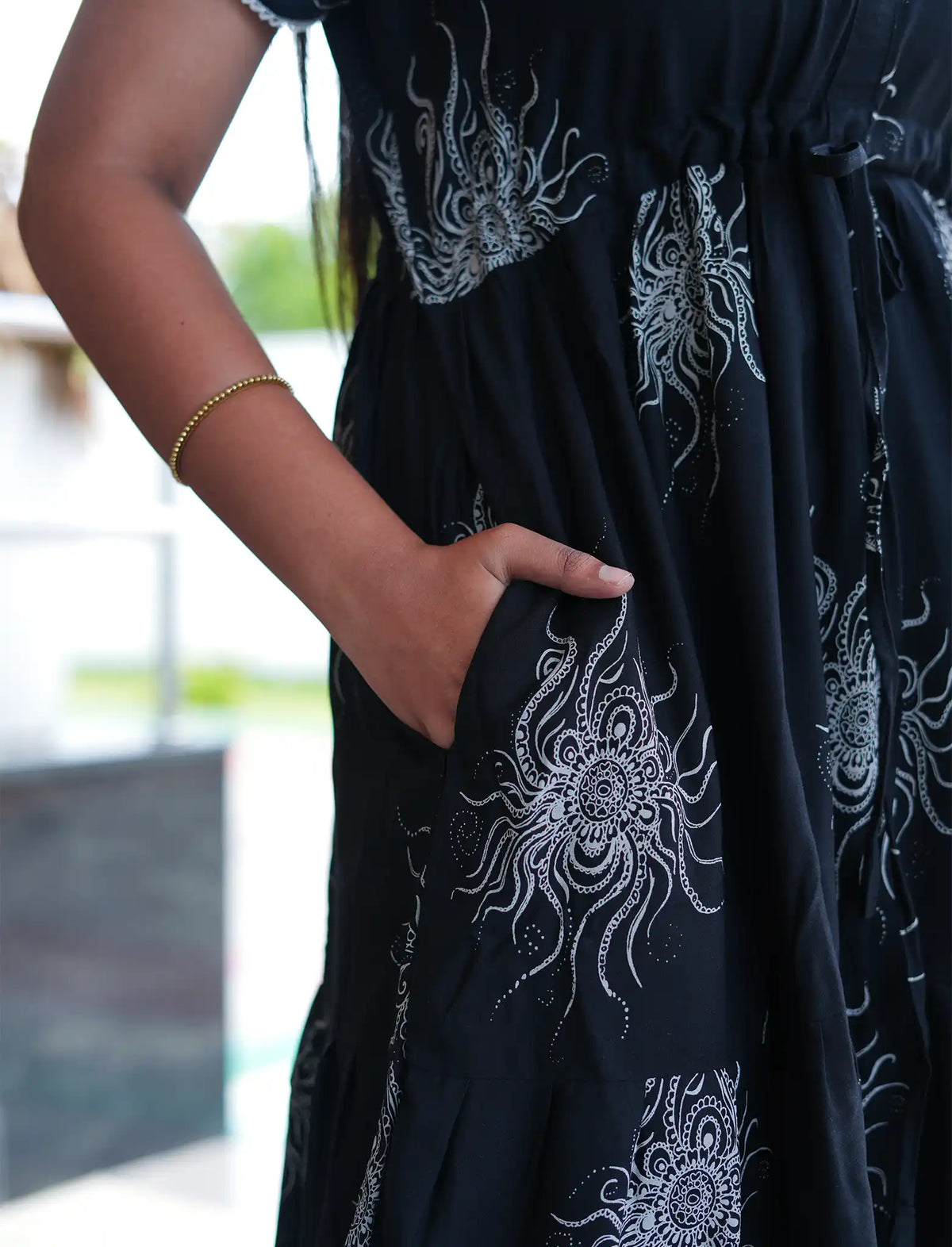 Navy Blue Rayon Sunburst Print Gathering Frock Nighty with Front Tie - Mangai Nighties