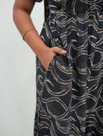 Black Rayon Wave Print Gathering Frock Nighty with Puff Sleeve - Mangai Nighties