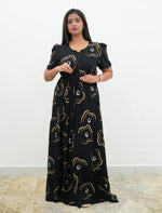 Black Rayon Abstract Print Gathering Long Frock with Front Tie Rope - Mangai Nighties