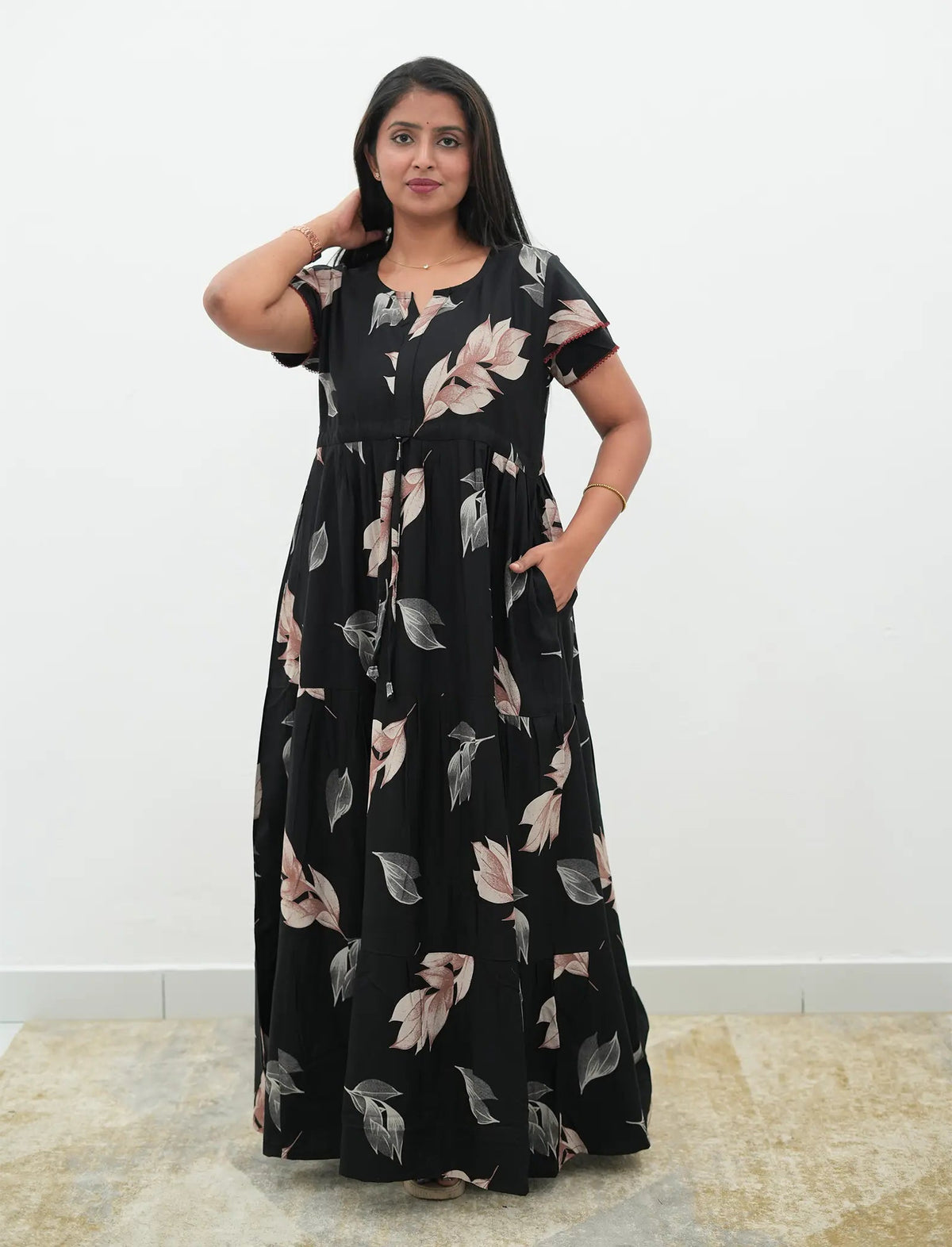 Black Rayon Leaf Print Gathering Full Frock with Front Adjustable Rope - Mangai Nighties