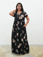 Black Rayon Leaf Print Gathering Full Frock with Front Adjustable Rope - Mangai Nighties