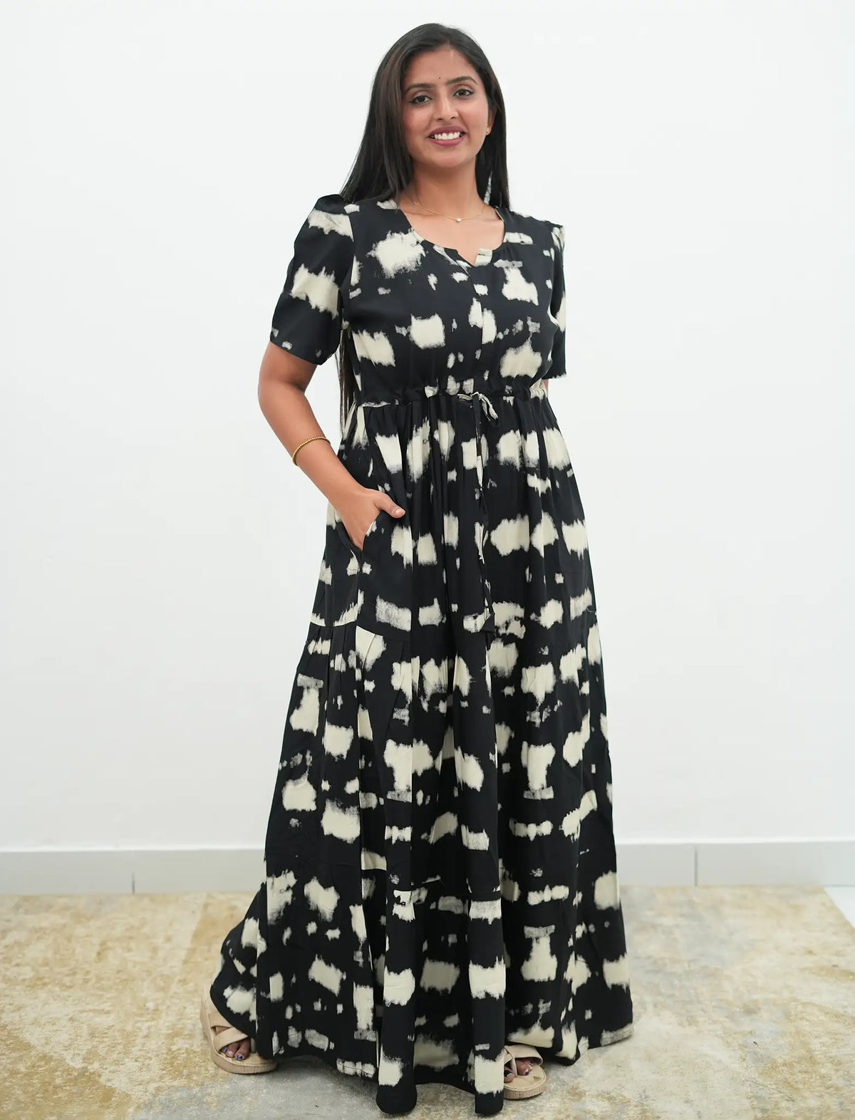 Chocolate Brown Rayon Abstract Print Gathering Frock Nighty Puff Sleeve - Mangai Nighties