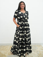 Chocolate Brown Rayon Abstract Print Gathering Frock Nighty Puff Sleeve - Mangai Nighties