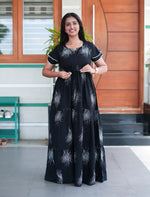 Navy Blue Rayon Sunburst Print Gathering Frock Nighty with Front Tie - Mangai Nighties