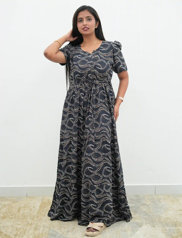 Black Rayon Long Dress with Puff Sleeves - Mangai Nighties 