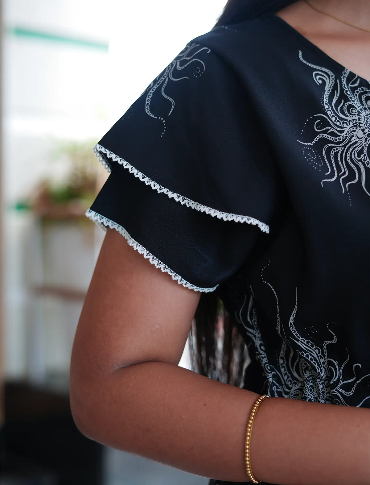Navy Blue Rayon Sunburst Print Gathering Frock Nighty with Front Tie - Mangai Nighties