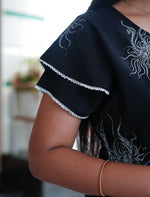 Navy Blue Rayon Sunburst Print Gathering Frock Nighty with Front Tie - Mangai Nighties
