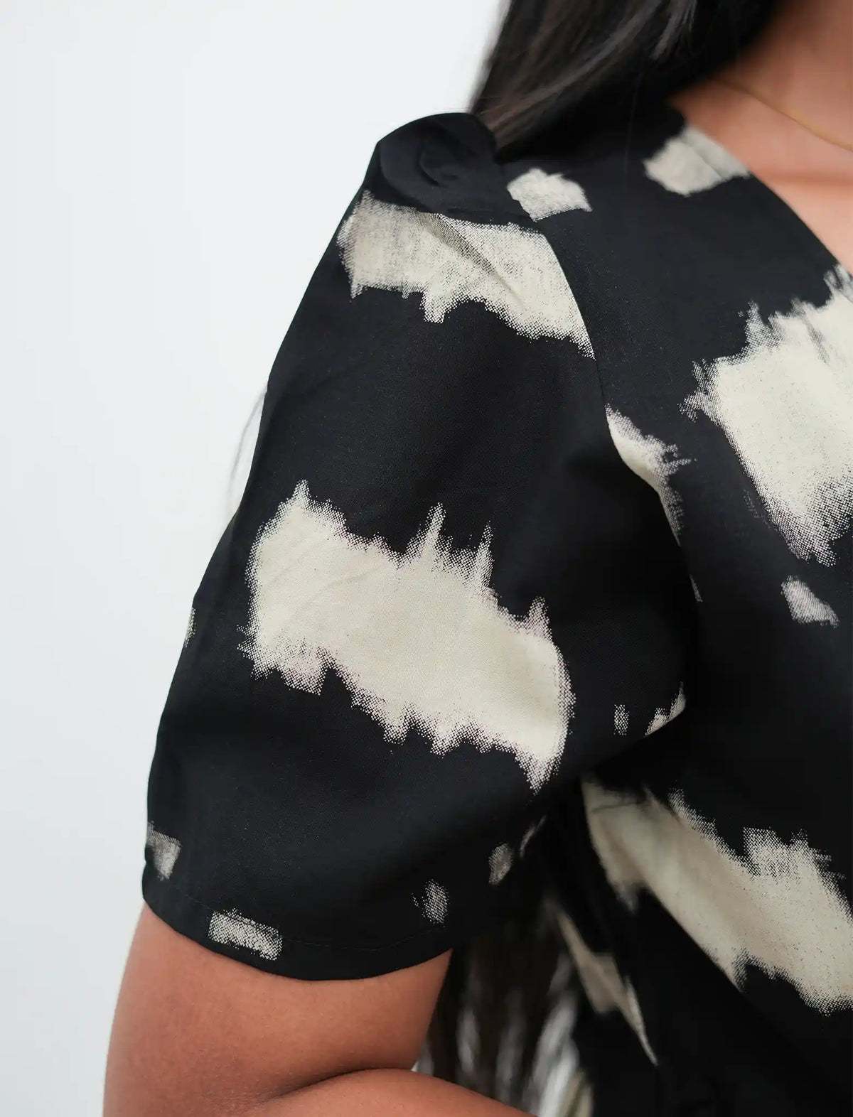 Chocolate Brown Rayon Abstract Print Gathering Frock Nighty Puff Sleeve - Mangai Nighties