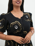 Black Rayon Abstract Print Gathering Long Frock with Front Tie Rope - Mangai Nighties