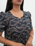 Black Rayon Wave Print Gathering Frock Nighty with Puff Sleeve - Mangai Nighties
